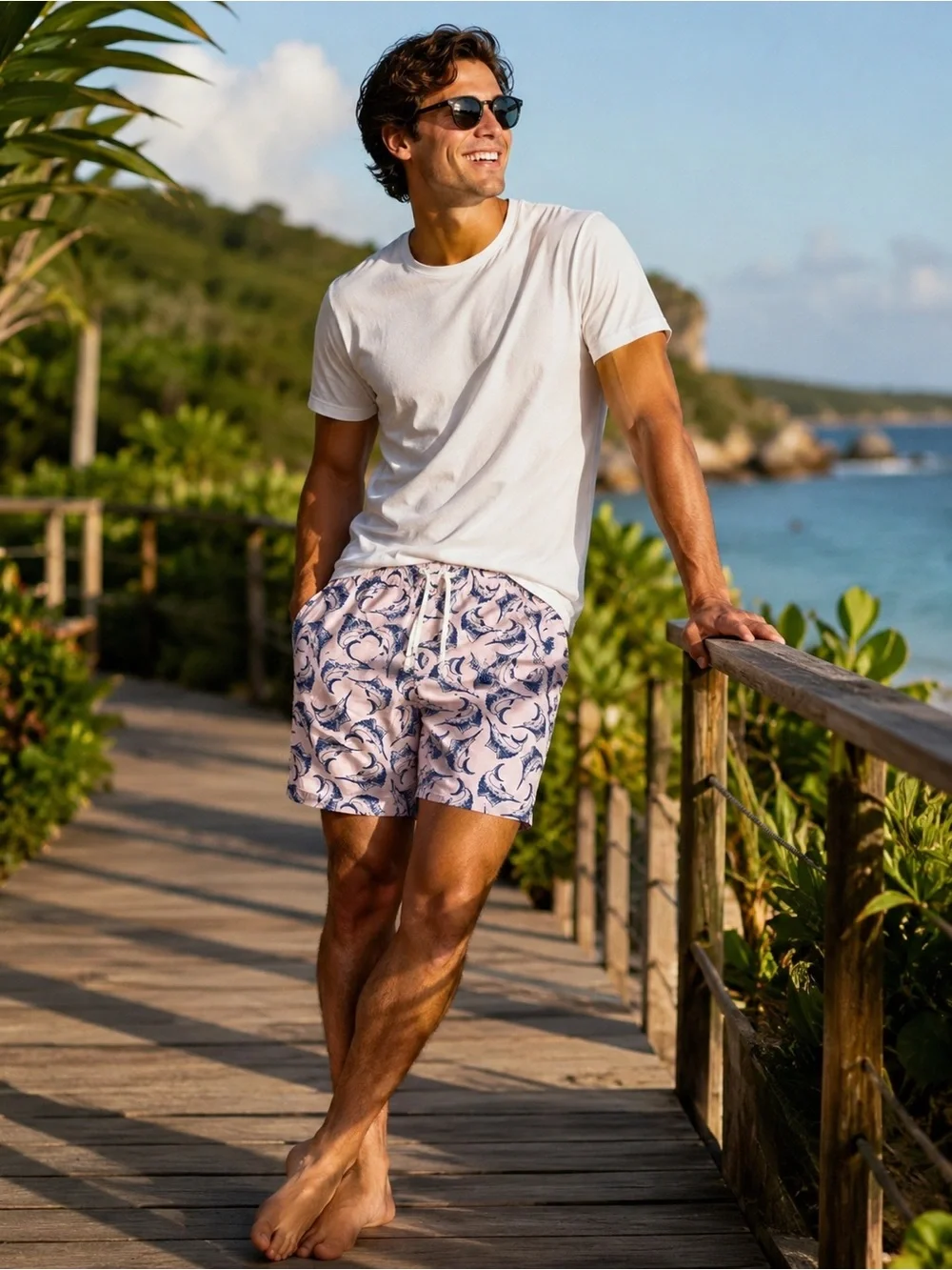 Old Navy NWT! Men'S Pink Marlin Fish Print Shorts Chino Elastic Waist Drawstring